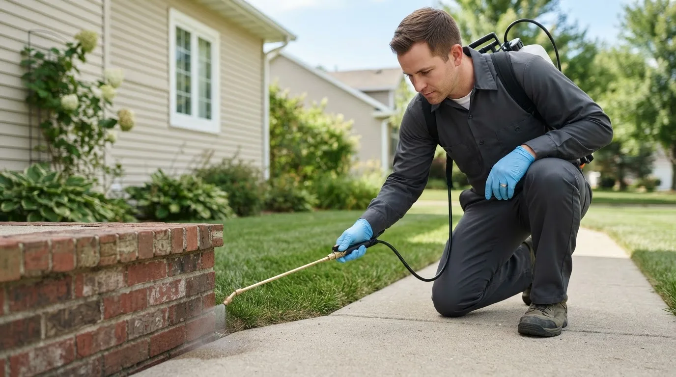 Pest control technician treating a home near Half Way, MO